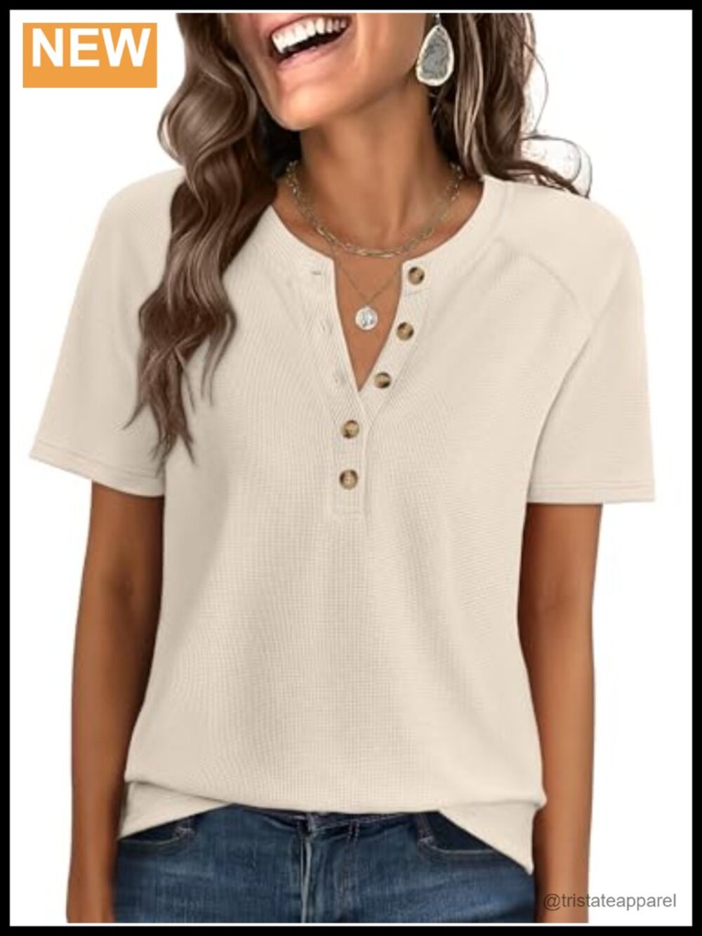 Waffle Knit Henley Top Short Sleeve V-Neck Pullover Blouse